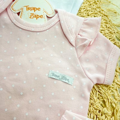 Conj. de Malha 3 Peças - Flores com Ramos Dourados - Branco e Rosa Bebê
